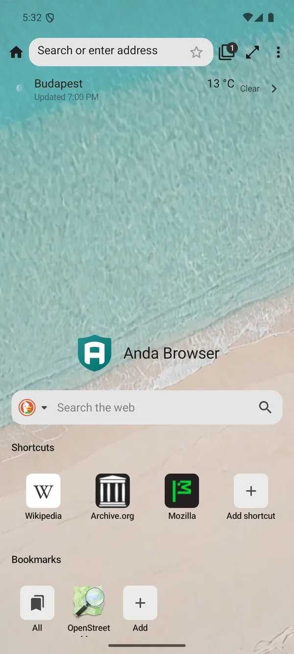 Die Anda-Browser-Startseite mit Verknüpfungen, Suche und Wetter